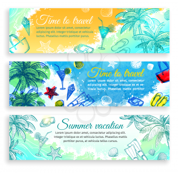 Summer vacation. Set of horizontal banner templates. Website header images. Hand drawn vector illustrations. Retro style.