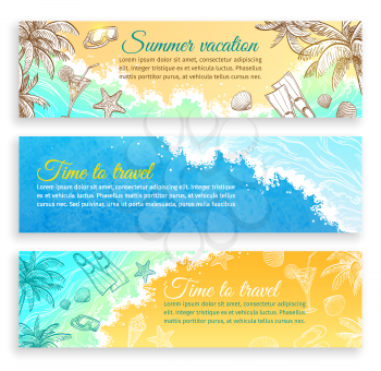 Summer vacation. Set of horizontal banner templates. Website header images. Hand drawn vector illustrations. Retro style.