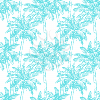 Seamless pattern. Ink sketch of coconut palm trees. Hand drawn vector illustration