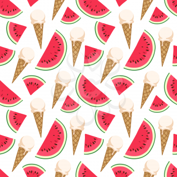Seamless pattern with ice cream and watermelon. Vector illustration.