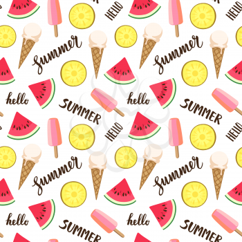 Seamless pattern with ice cream and summer fruits. Summer text. Calligraphic lettering .
