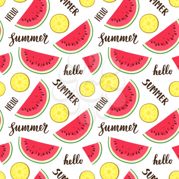 Seamless pattern with watermelon and pineapple. Summer text. Calligraphic lettering .
