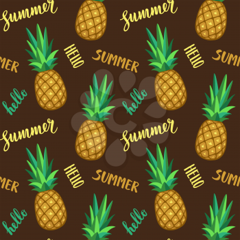 Seamless pattern with pineapple. Summer text. Calligraphic lettering 
