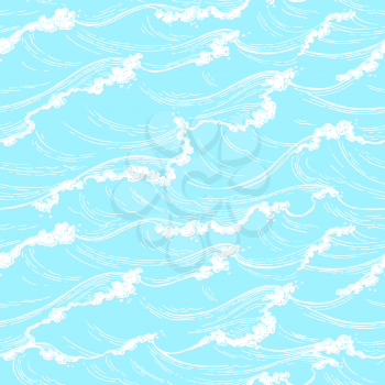 Sea waves seamless pattern. Summer watercolor background. Hand drawn vector illustration.