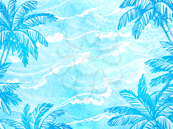 Sea waves and palm trees. Summer watercolor background. Hand drawn vector illustration.