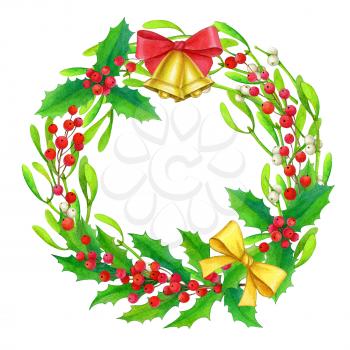 Christmas wreath. Hand drawn watercolor illustration. Banner template. Greeting card. New Year and Xmas Holidays design.