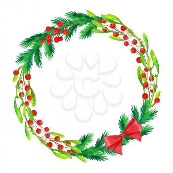 Christmas wreath. Hand drawn watercolor illustration. Banner template. Greeting card. New Year and Xmas Holidays design.