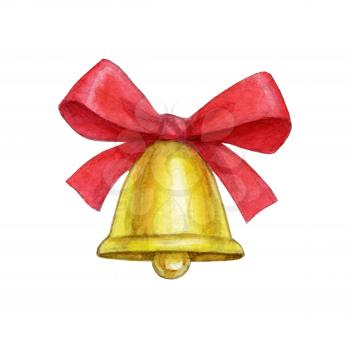 Christmas bell with red bow isolated on white background. Hand drawn watercolor illustration. New Year and Xmas Holidays design.