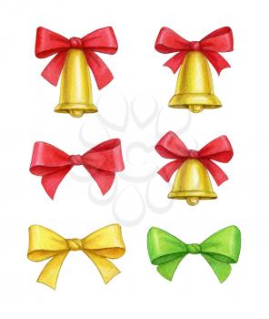 Collection of Christmas bells and gift bows isolated on white background. Hand drawn watercolor illustration. New Year and Xmas Holidays design.