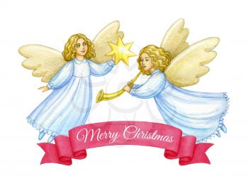 Christmas cute angels. Hand drawn watercolor illustration. Banner template. Greeting card. New Year and Xmas Holidays design.