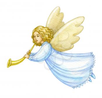 Christmas cute angel isolated on white background. Hand drawn watercolor illustration. Character. New Year and Xmas Holidays design.