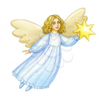 Christmas cute angel isolated on white background. Hand drawn watercolor illustration. Character. New Year and Xmas Holidays design.