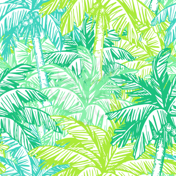 Seamless pattern. Ink sketch of coconut palm trees. Hand drawn vector illustration