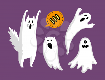 Cute halloween ghosts and cat. Isolated on white background. Flat style vector illustration.