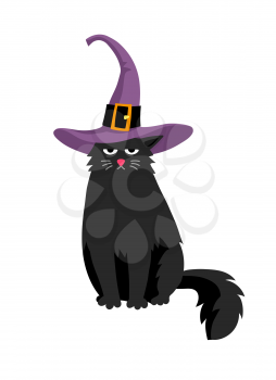 Cute black cat in halloween hat. Isolated on white background. Flat style vector illustration.