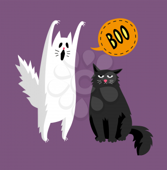 Cute halloween ghost and black cat. Isolated on white background. Flat style vector illustration.