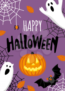 Halloween design. Cute characters. Invitation or greeting card. Banner template. Flat style vector illustration.