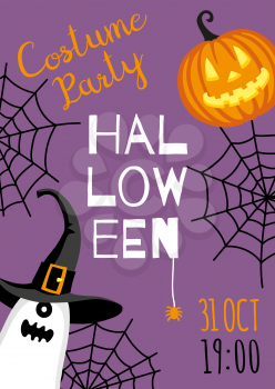Halloween design. Invitation or greeting card. Banner template. Flat style vector illustration. Cute characters. Ghost in hat.