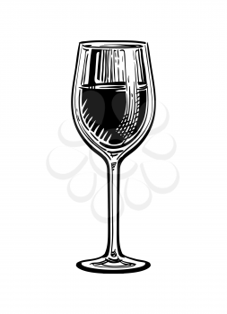Red wine. Hand drawn vector illustration of wineglass. Retro style ink sketch.