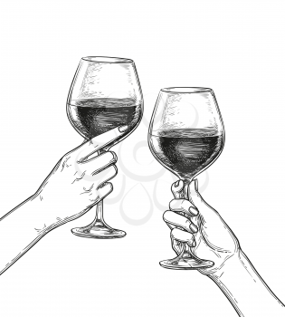 Two hands clinking glasses of wine. Ink sketch isolated on white background. Hand drawn vector illustration. Retro style.