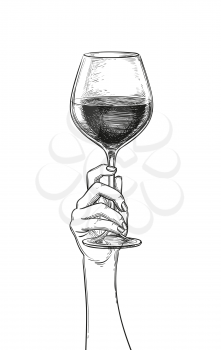 Hand holding a glass of wine. Ink sketch isolated on white background. Hand drawn vector illustration. Retro style.