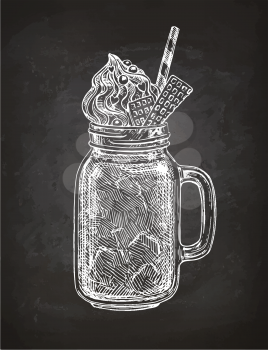 Milkshake in mason jar. Chalk sketch on blackboard background. Hand drawn vector illustration. Retro style.