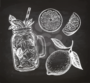 Lemon set. Chalk sketch on blackboard background. Hand drawn vector illustration. Retro style.
