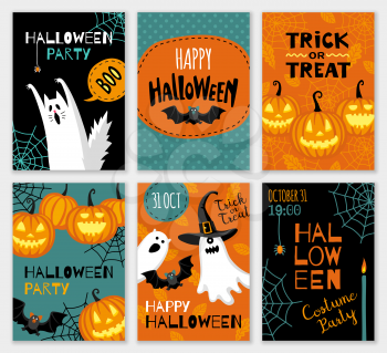 Collection of halloween banner templates. Flat style vector illustration. Cute characters. Invitations or greeting cards.