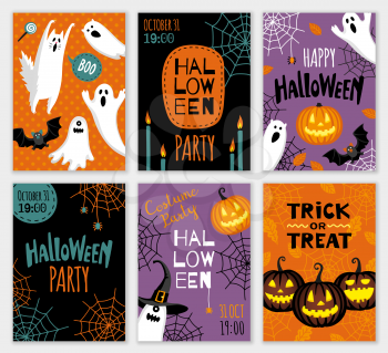 Collection of halloween banner templates. Flat style vector illustration. Cute characters. Invitations or greeting cards.