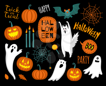 Halloween set. Cute cartoon characters and objects. Flat style vector illustration