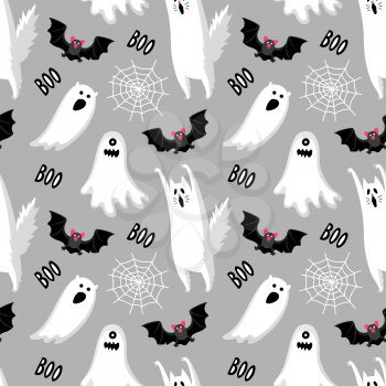 Halloween seamless pattern with ghosts, bat and spider web