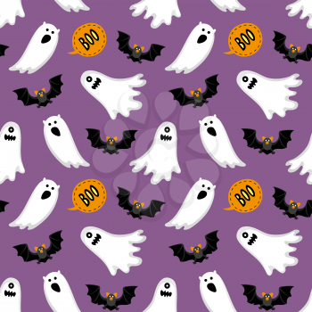 Halloween seamless pattern with ghosts, bat and text boo.