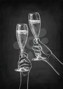 Two hands clinking glasses of champagne. Chalk sketch on blackboard background. Hand drawn vector illustration. Retro style.