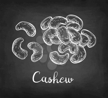 Handful of cashews. Chalk sketch of nuts on blackboard background. Hand drawn vector illustration. Retro style.
