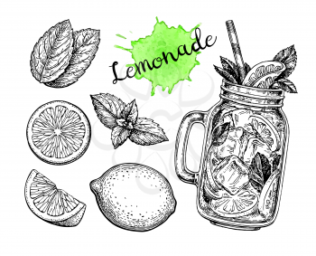 Lemonade and ingredients. Retro style ink sketch isolated on white background. Hand drawn vector illustration.