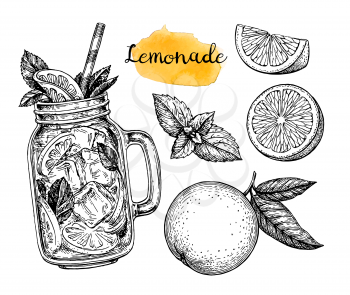 Orange lemonade and ingredients. Retro style ink sketch isolated on white background. Hand drawn vector illustration. Retro style ink sketch.