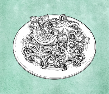 Octopuses with lemon on a plate. Seafood ink sketch on old paper background. Hand drawn vector illustration. Retro style. Editable objects with clipping masks.