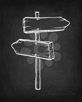 Wooden signpost. Sketch with chalk on blackboard background. Hand drawn vector illustration. Retro style.