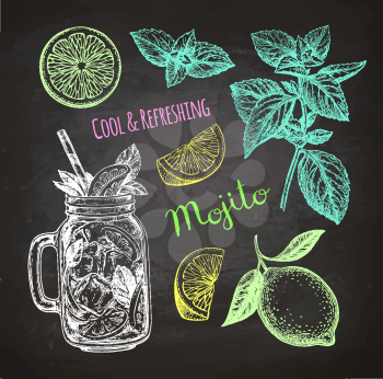 Ingredients of non-alcoholic mojito cocktail. Chalk sketch on blackboard background. Hand drawn vector illustration. Retro style.