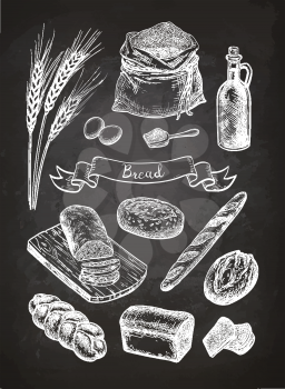 Ingredients and breads set. Sketch with chalk on blackboard background. Hand drawn vector illustration. Retro style.