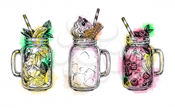 Lemonades and milkshake in mason jars. Beverage collection. Retro style ink sketch with watercolor spots isolated on white background. Hand drawn vector illustration.