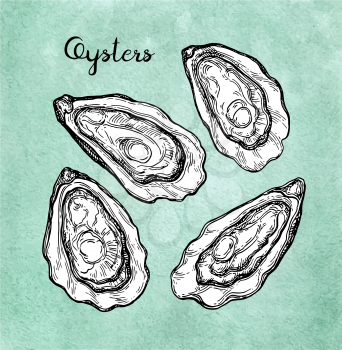 Oysters set. Ink sketch on old paper background. Hand drawn vector illustration. Retro style.