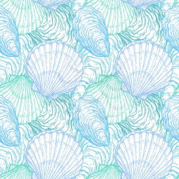 Seamless pattern with seashells. Oysters and scallops. Hand drawn vector illustration.