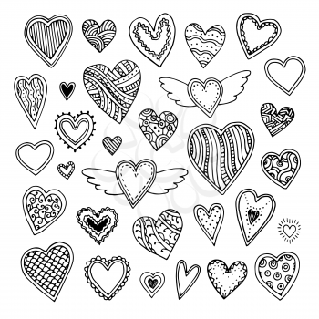 Cute doodle hearts. Sketch set isolated on white background. Hand drawn vector illustration.