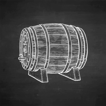 Wooden barrel of wine or beer. Chalk sketch on blackboard background. Hand drawn vector illustration. Retro style.