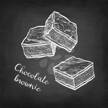 Chocolate brownie. Chalk sketch on blackboard background. Hand drawn vector illustration. Retro style.