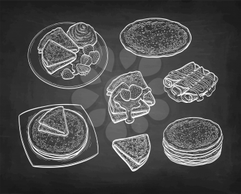 Big set. French crepes or Russian blinis. Chalk sketches on blackboard background. Hand drawn vector illustration. Retro style.