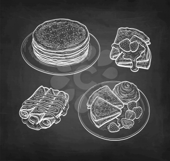 French crepes or Russian blinis with strawberries and syrup. Chalk sketches set on blackboard background. Hand drawn vector illustration. Retro style.