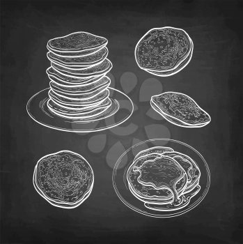 Pancakes set. Chalk sketch on blackboard background. Hand drawn vector illustration. Retro style.