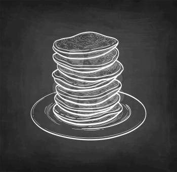 Pancakes. Chalk sketch on blackboard background. Hand drawn vector illustration. Retro style.